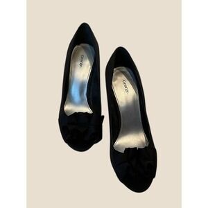 George Peep Toe Pumps Womens 7 Black Excellent Ruffle Bow Satin Stiletto Heels